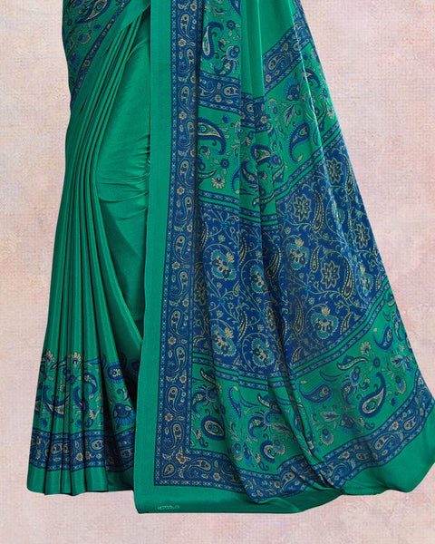 Forest Green And Regal Blue Digital Print Premium Crepe Saree