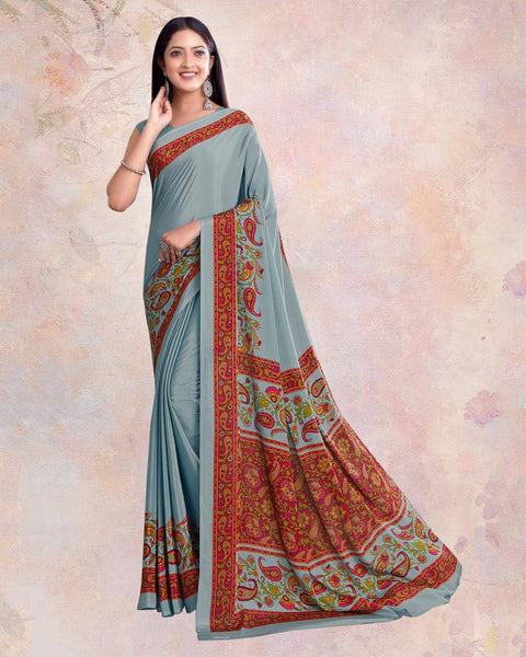 Star Dust Grey And Maroon Digital Print Premium Crepe Saree