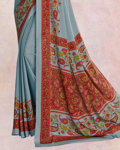 Star Dust Grey And Maroon Digital Print Premium Crepe Saree