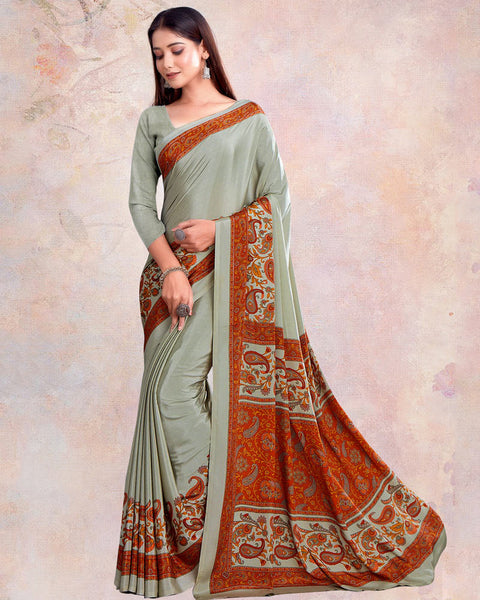 Greenish Grey Digital Print Premium Crepe Saree