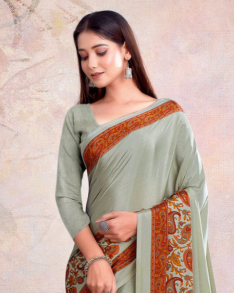 Greenish Grey Digital Print Premium Crepe Saree