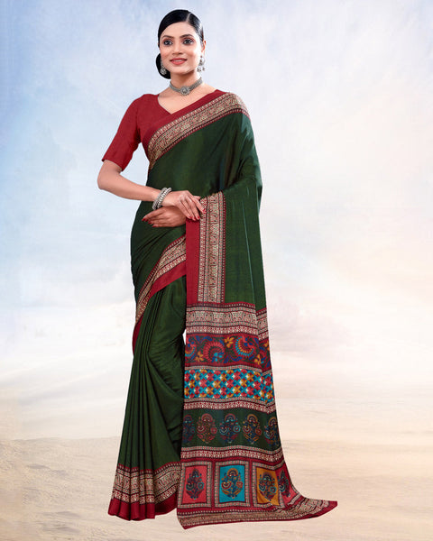 Dark Green Printed Digital Print Crepe Saree