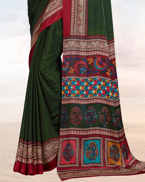Dark Green Printed Digital Print Crepe Saree