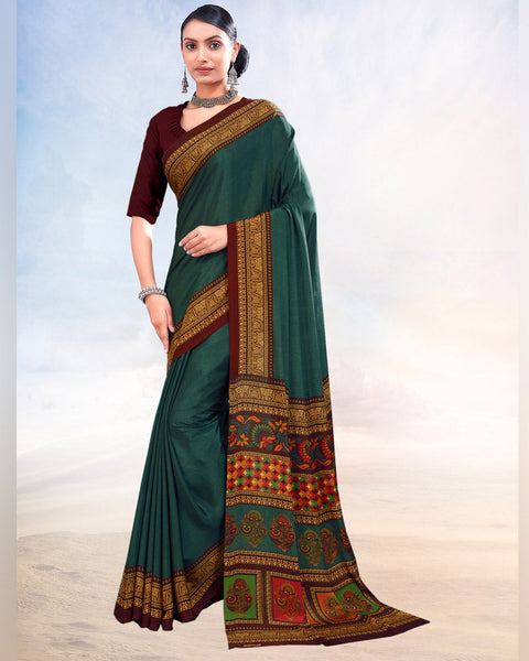Peacock Green Printed Digital Print Crepe Saree