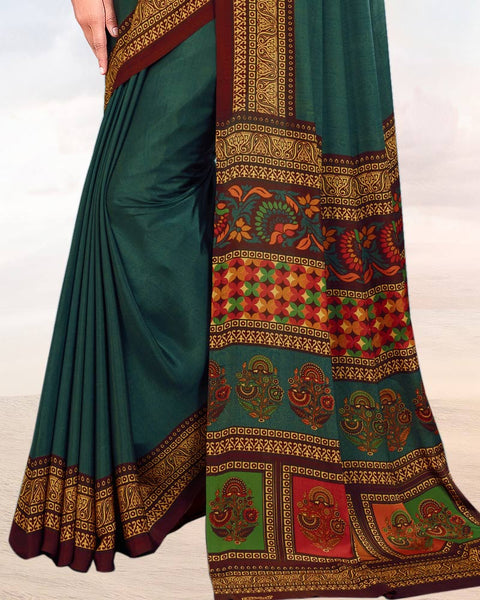 Peacock Green Printed Digital Print Crepe Saree