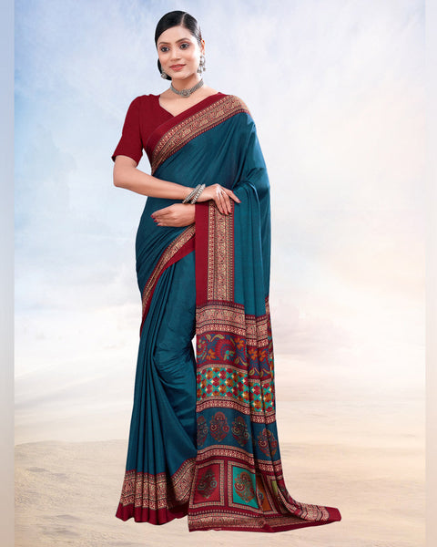 Peacock Blue Printed Digital Print Crepe Saree