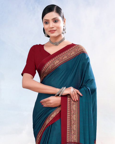 Peacock Blue Printed Digital Print Crepe Saree