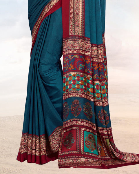 Peacock Blue Printed Digital Print Crepe Saree
