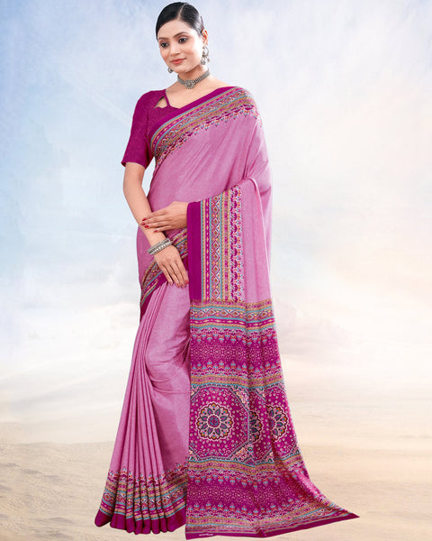 Cadillac Pink Printed Digital Print Crepe Saree