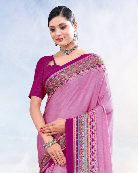 Cadillac Pink Printed Digital Print Crepe Saree