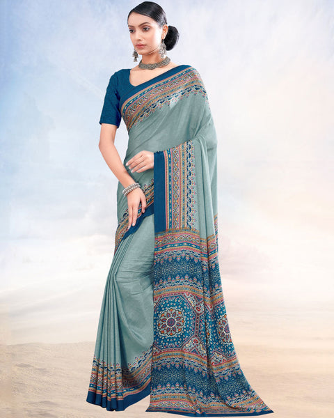 Greyish Blue Printed Digital Print Crepe Saree