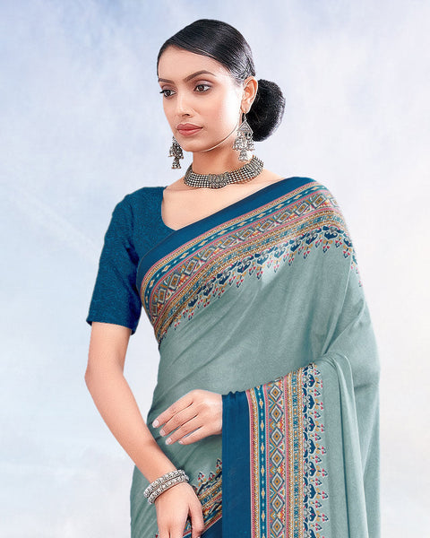 Greyish Blue Printed Digital Print Crepe Saree
