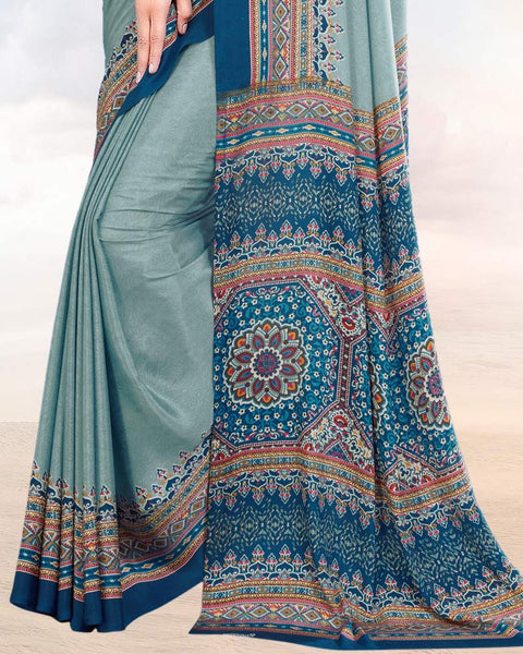 Greyish Blue Printed Digital Print Crepe Saree