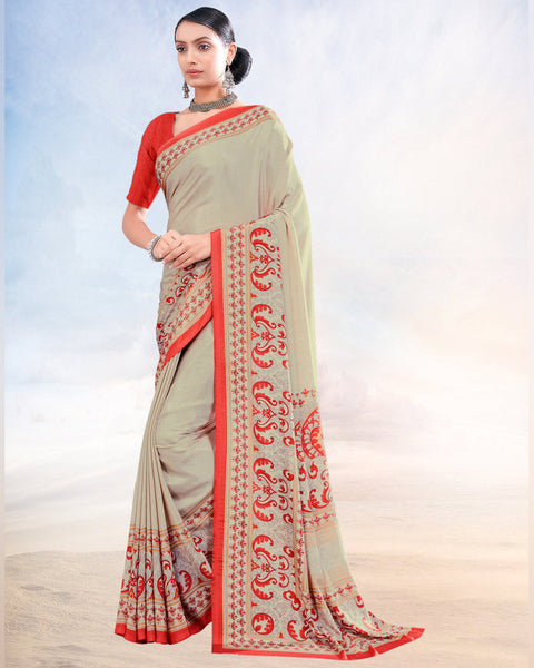 Cloudy Grey Printed Digital Print Crepe Saree