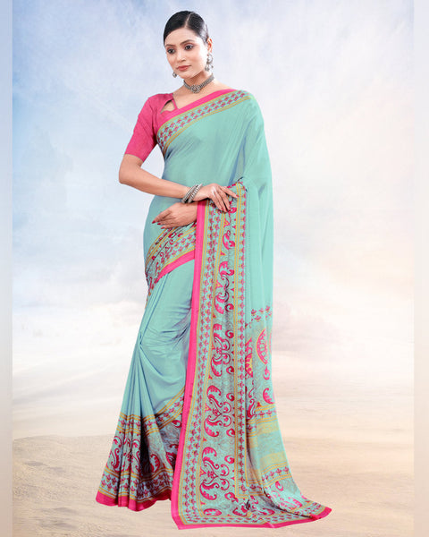 Pastel Blue Printed Digital Print Crepe Saree
