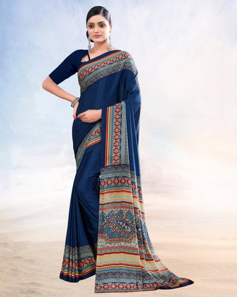 Royal Blue Printed Digital Print Crepe Saree