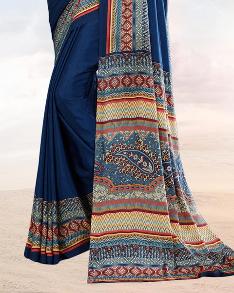 Royal Blue Printed Digital Print Crepe Saree