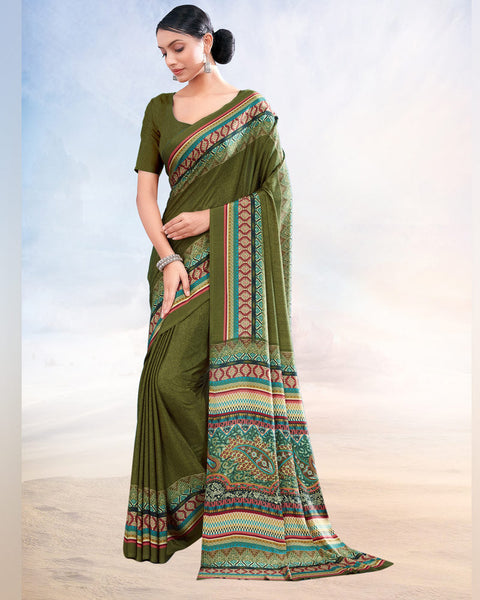 Dark Olive Green Printed Digital Print Crepe Saree