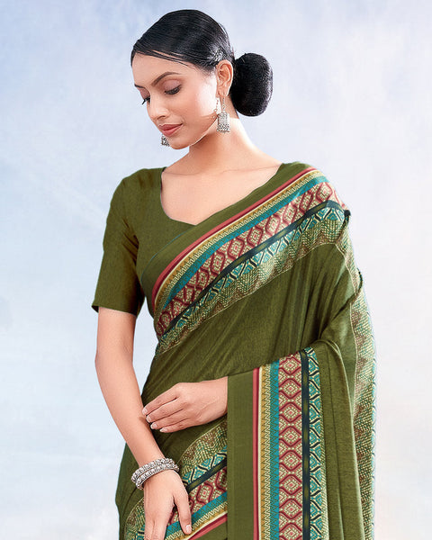 Dark Olive Green Printed Digital Print Crepe Saree