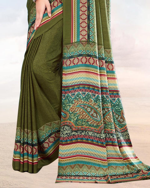 Dark Olive Green Printed Digital Print Crepe Saree