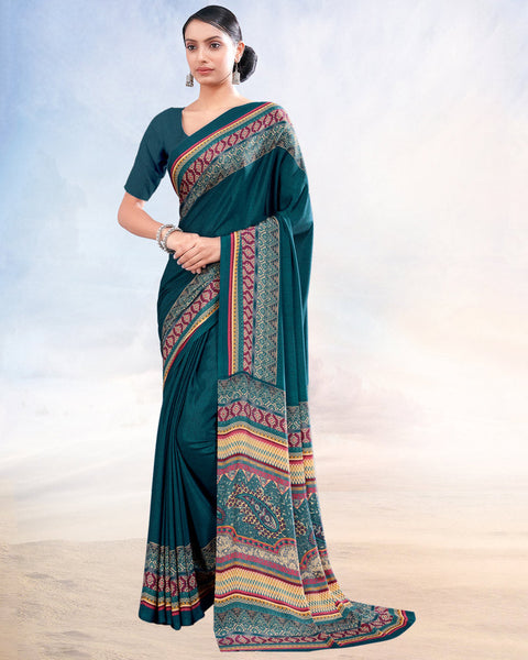 Dark Teal Blue Printed Digital Print Crepe Saree