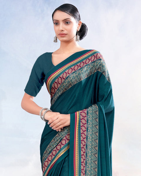 Dark Teal Blue Printed Digital Print Crepe Saree