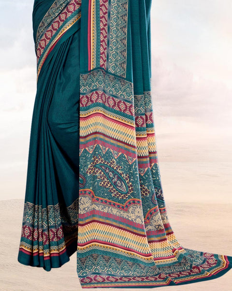 Dark Teal Blue Printed Digital Print Crepe Saree