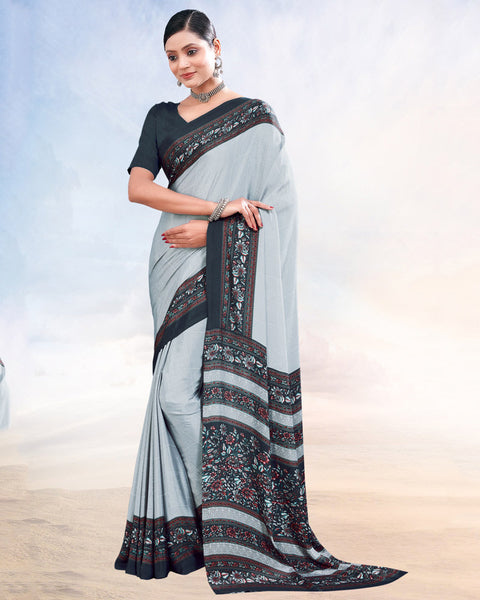 Metallic Silver Printed Digital Print Crepe Saree