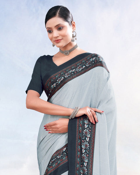 Metallic Silver Printed Digital Print Crepe Saree