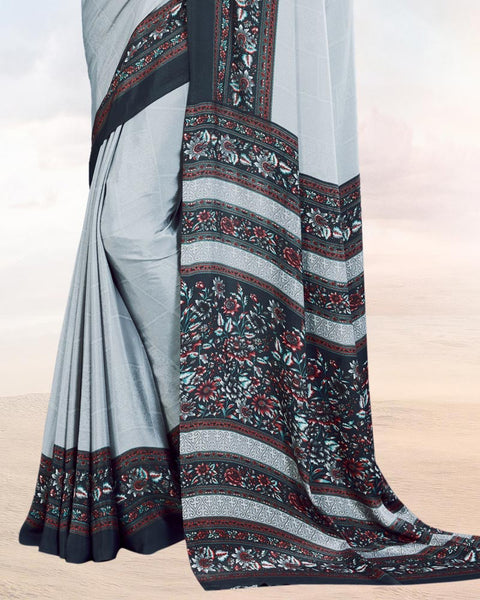 Metallic Silver Printed Digital Print Crepe Saree