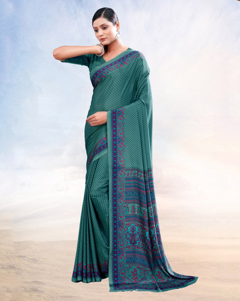 Teal Green Printed Digital Print Crepe Saree