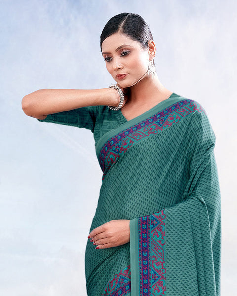 Teal Green Printed Digital Print Crepe Saree