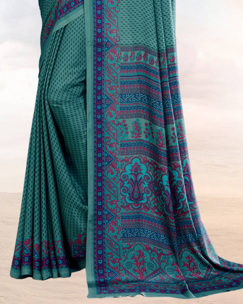 Teal Green Printed Digital Print Crepe Saree