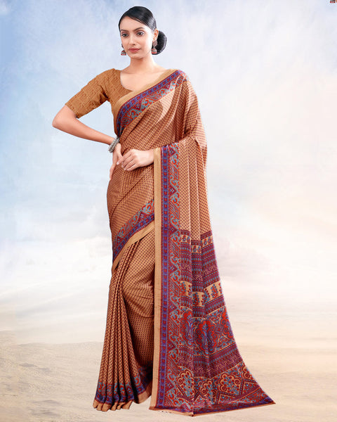 Whiskey Brown Printed Digital Print Crepe Saree