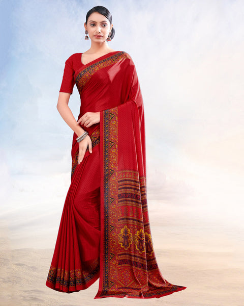 Cherry Red Printed Digital Print Crepe Saree