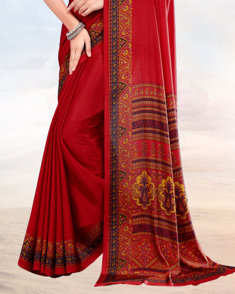 Cherry Red Printed Digital Print Crepe Saree