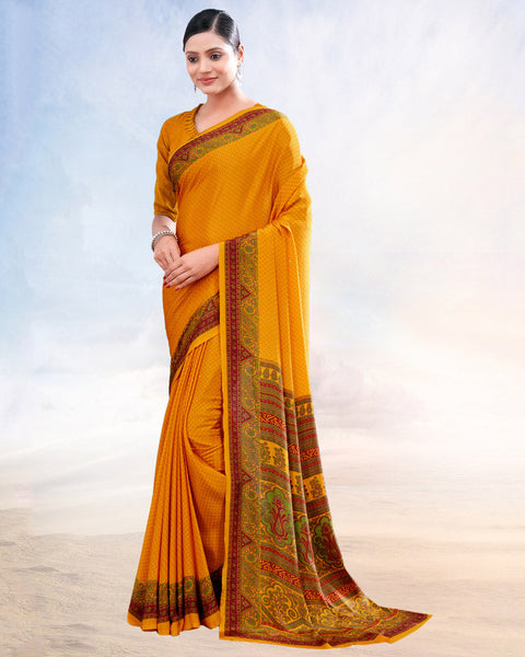 Yellowish Orange Printed Digital Print Crepe Saree