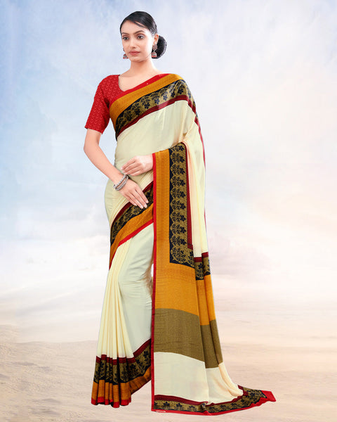 Spanish White Printed Digital Print Crepe Saree