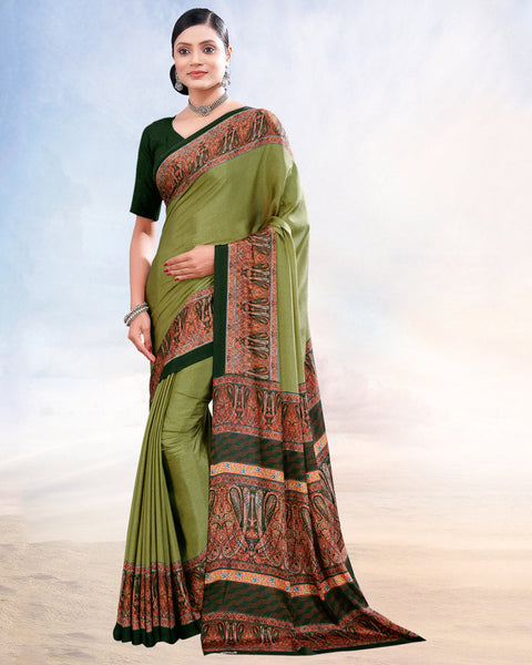 Olive Green Printed Digital Print Crepe Saree