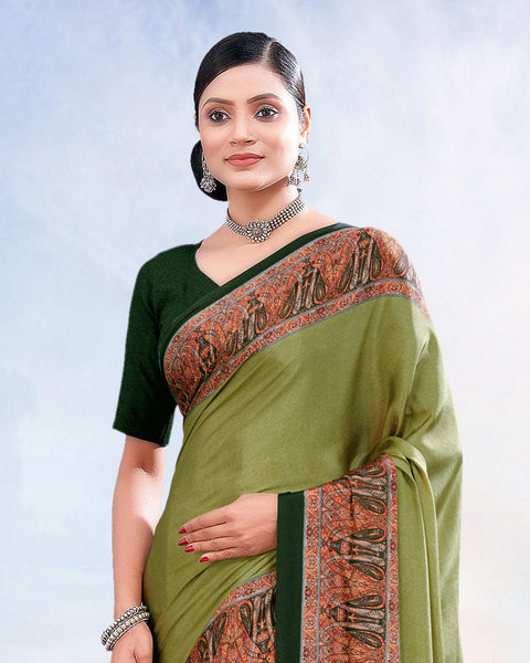 Olive Green Printed Digital Print Crepe Saree