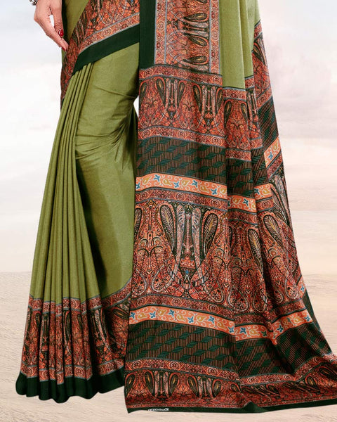 Olive Green Printed Digital Print Crepe Saree