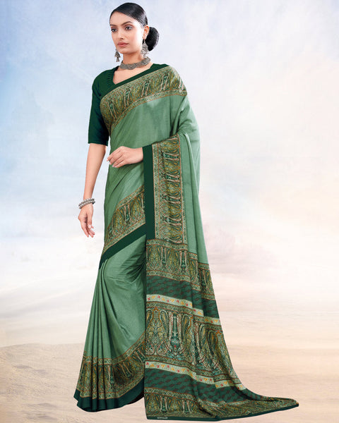 Pastel Turquoise Green Printed Digital Print Crepe Saree