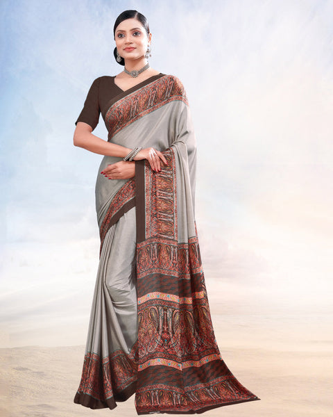 Light Grey Printed Digital Print Crepe Saree