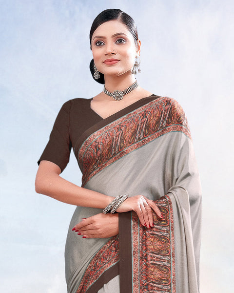 Light Grey Printed Digital Print Crepe Saree