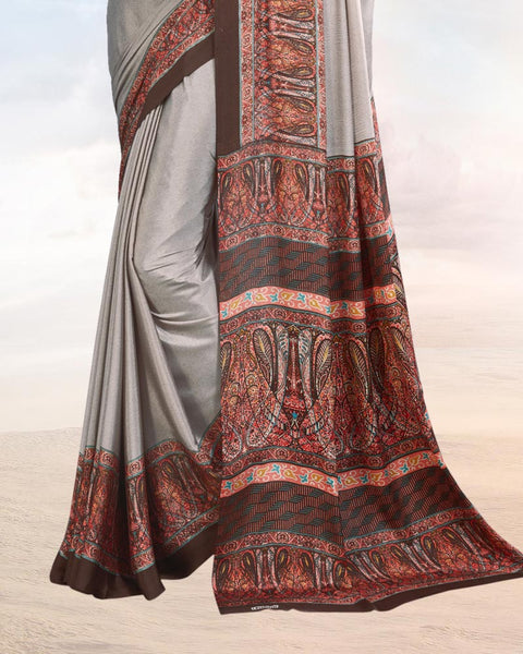 Light Grey Printed Digital Print Crepe Saree