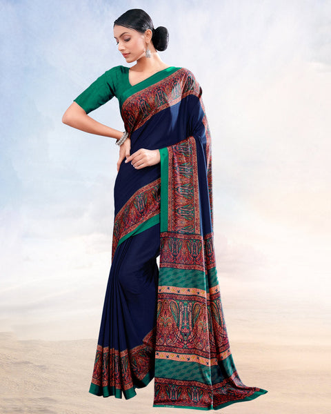 Dark Blue Printed Digital Print Crepe Saree
