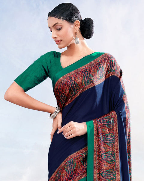 Dark Blue Printed Digital Print Crepe Saree