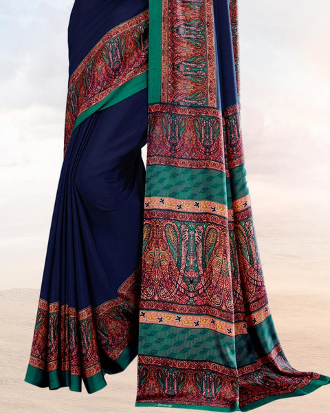 Dark Blue Printed Digital Print Crepe Saree