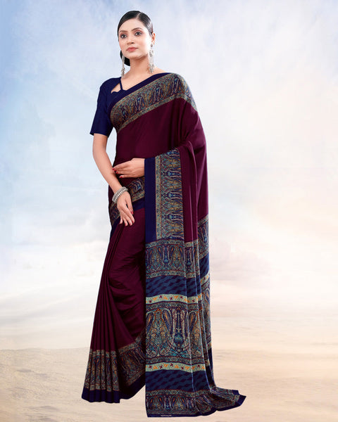 Wine Printed Digital Print Crepe Saree