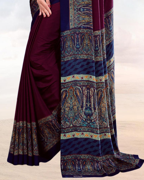 Wine Printed Digital Print Crepe Saree